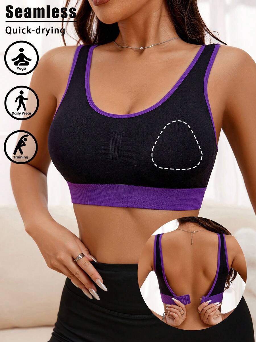 1 sztuka kontrastowego, seksownego, oddychającego, sportowego biustonosza z odkrytymi plecami, bez rękawów, z odkrytymi ramionami, z cienkimi usztywnieniami i bez fiszbin