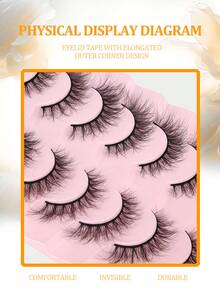 7 paia di ciglia finte di stile naturale, non simili all'umano, adesive 3D, multistrato, dense, accessori per il trucco adatti per matrimoni, attività quotidiane e lavoro, facili da indossare, eyeliner naturale con rivestimento ad alta densità.