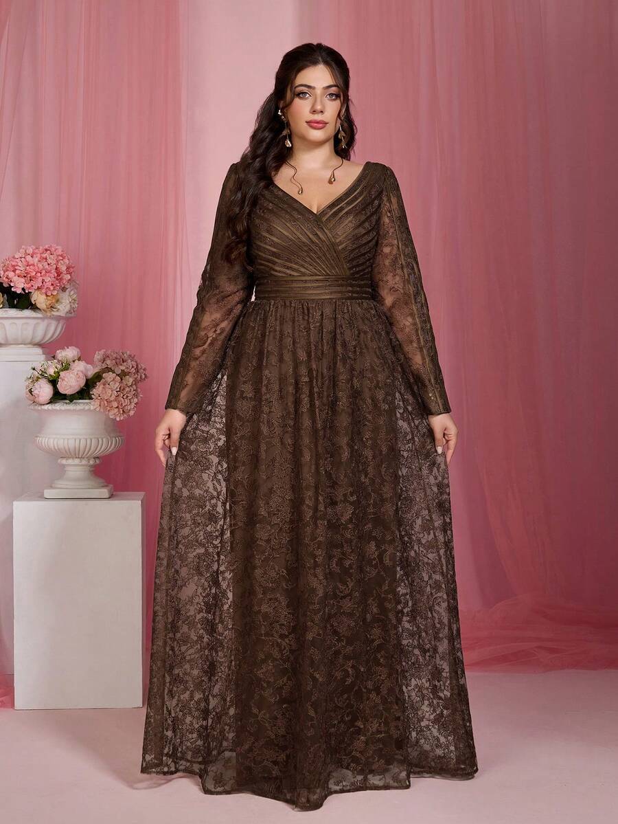 新款V领刺绣蕾丝晚礼服，带口袋，适合舞会、婚礼、派对、婚礼宾客等场合，也可作为情人节或春季晚礼服。 - 咖啡棕 - 查看 1