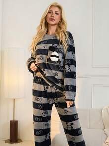 2pcs Set Gray Striped Flannel Fluffy Pajamas With Panda Pattern, Loungewear Set, Fall Winter Clothes, Cozy - Grey - View 7