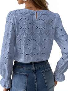 Vintage Lace Hollow Floral Round Neck Long Flared Sleeve Loose Blouse For Women  Blusas De Mujer Elegante Casual Dating Office Tops - 藍色 - 查看 3