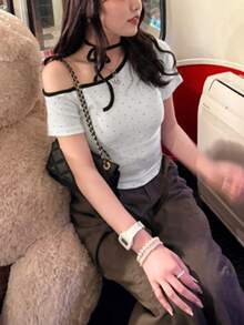夏季甜美休闲不对称肩带波点短款T恤 白色 - 白色 - 查看 2