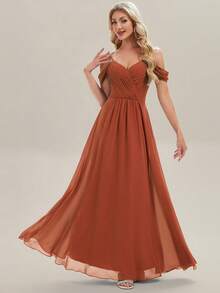 EVERPRETTY Elegant Solid Color V-Neck Pleated Applique Dress, Suitable For Bridesmaid, Wedding, Birthday, Formal Events, Parties, Spring/Summer - Burnt Orange - View 5