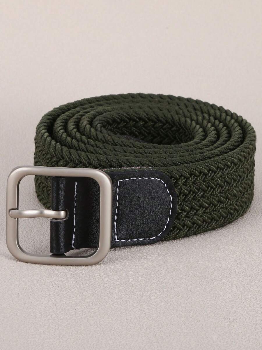 1pc Military Green Elastic Woven Waist Belt, Men's Square Buckle Adjustable Stretch Belt For Youth & Students - Army Green - View 1