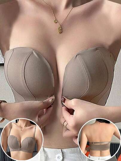 女士前扣无肩带文胸，聚拢效果，无线设计，防止下垂，无缝背部，舒适贴身，内衣