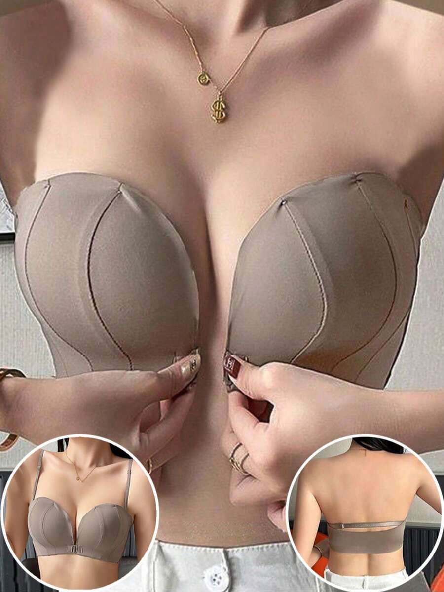 Áo Lót Không Dây Khóa Phía Trước Cho Nữ, Hiệu Ứng Đẩy Lên, Thiết Kế Không Dây Chống Chảy Xệ, Lưng Liền Mạch Và Vừa Vặn Thoải Mái, Quần Lót - Cà phê nâu - Xem 1