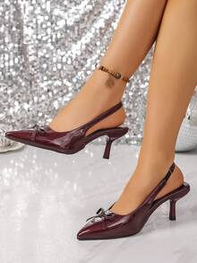 Sapato Mule de Salto Fino com Decoração em Laço, Estilo Francês de Bico Fechado Slip-On para Mulheres Plus Size