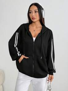 一件拉链条纹夹克，新款宽松休闲运动外套，黑色，春季款 - 黑色 - 查看 4