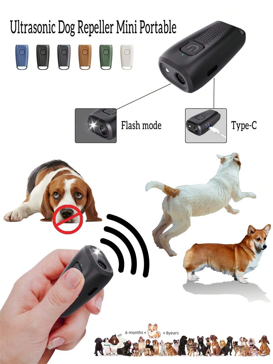 迷你超声波驱狗器便携式设备驱赶动物宠物Type-C可充电智能便携式户外防御适用于所有狗驱赶超声波设备宠物礼物LED有效用于狗的防吠装置