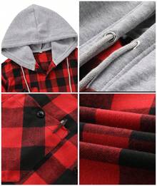 Mens Flannel Hoodie Shirts Long Sleeve Casual Plaid Jackets - 紅色 - 查看 3