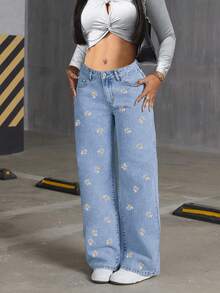 Vintage Washed Blue Floral Embroidered Denim Women Casual Loose Wide Leg Straight Pants, Chic Winter Christmas New Year Thanksgiving