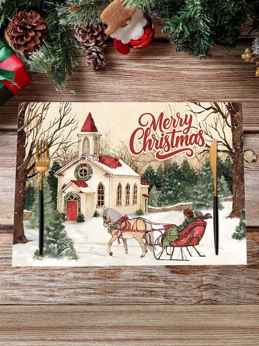 1/2/4pcs 30x45cm Christmas Theme Placemats, Vintage Christmas Snowy Landscape, Christmas Carriage Pattern Placemats, Kitchen Dining Table Decor, Decorative Accessories, Tableware Mats, Room Decor, Dining Table Decor