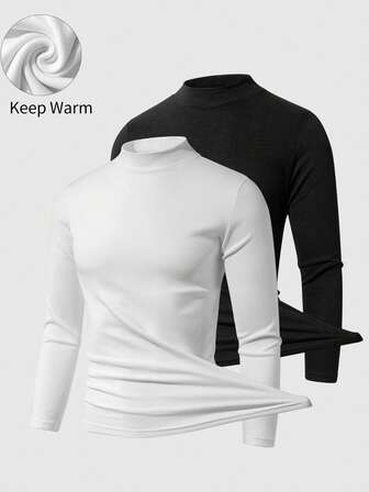 Two-Pack Men's Autumn/Winter Outdoor Trekking, Fishing, Camping, Mountaineering, Fitness, Running & Casual Layering Warm Solid-Color Long-Sleeve ™ Thermal Mock-Neck Pullover Sweatshirts,Fleece