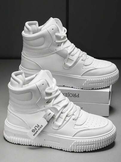 2025年新款厚底高帮男童休闲运动鞋，白色中性经典系带圆头透气防滑耐磨儿童鞋，适合篮球、街头穿着