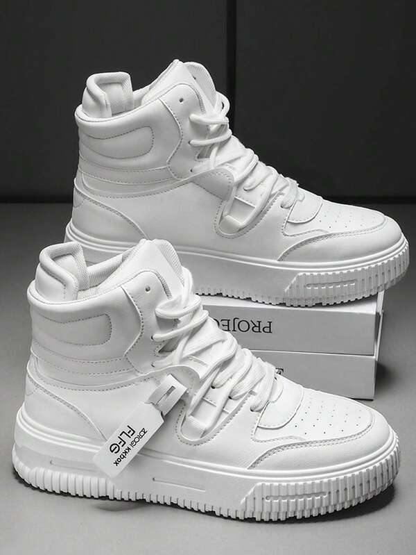 2025 Nya Höga Casual Sneakers med Tjock Sula För Pojkar, Vita Unisex Klassiska Snörskor Med Rund Tå Andningsbara Halkfria Slitstarka Skor För Barn, Lämpliga För Basket, Streetwear