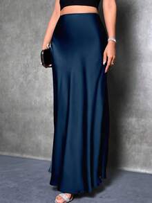 大码女士优雅缎面长裙，纯色春季款 - 海軍藍 - 查看 4