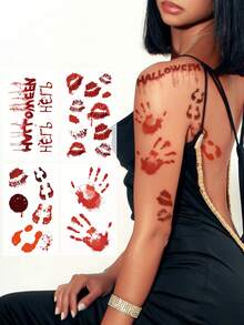 4 件万圣节临时纹身，假血手印，红唇，伤口图案，DIY 节日派对手指、耳朵、肩膀、颈部、锁骨、身体贴纸 - 紅色 - 查看 1