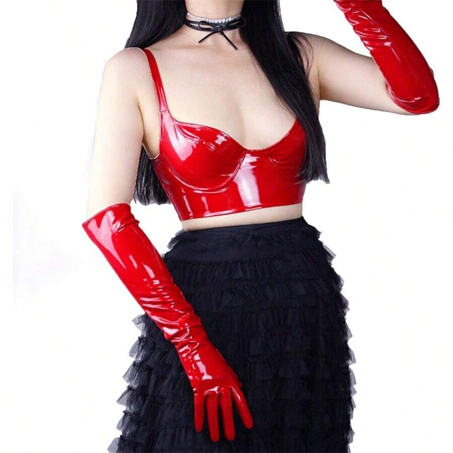 DDooWay Long Leather Gloves Shiny Faux Patent PU Over Elbow Length 20" 50cm For Evening Opera Costume Party1111 - 紅色 - 查看 1