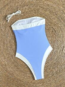 Women's Elegant Solid Color Patchwork Contrast Color One-Piece Swimsuit, Casual Beach Vacation Wear For Spring Summer - Blue and White - View 6