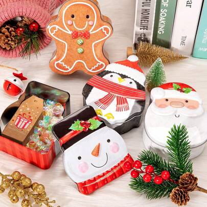 1pc Tin Box Metal Cookie Tin Box With Lid Assorted Card Holder Containers For Candy Chocolate Biscuits,Party Decor Supplies Santa Clause Snowman Gingerbread Penguin
