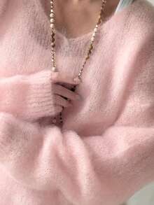 Women's Mohair Blend Sweater | Pastel Pink V-Neck Pullover For Autumn/Winter | Soft Drop Shoulder Knit Top, Suitable For Cool Weather And Everyday Wear, Cozy & Warm - Pink - View 4