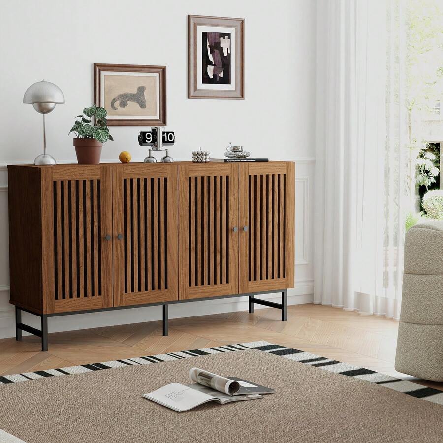 Sideboard Buffet Cabinet,Storage Cabinet With 4 Shutter Doors And Adjustable Shelves, Sideboard Console Accent For Dinning Room - Brown - View 1