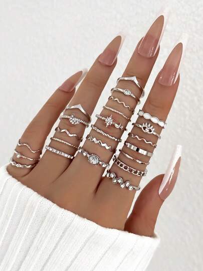 23pcs/Set Fashion Knuckle Rings Set, Women's Crystal Star Moon Eye Wave Gold & Silver Rings, Women's Party Jewelry Gift