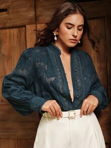 Anewsta Áo cánh tay dài cổ đứng họa tiết hoa jacquard thanh lịch cỡ lớn cho nữ, trang phục đi nghỉ và năm mới - Xem 6