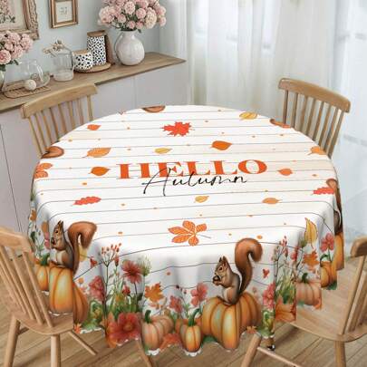 1pc Autumn Thanksgiving Tablecloth, Autumn Theme Dining Table Cloth, Hello Autumn Woodgrain Pattern With Cute Squirrel, Pumpkin, Maple Leaf Design, Rectangular Dining Table Decor Cloth, Polyester Fabric With Lace Trim, Suitable For Rectangle And Round Tables, Indoor/Outdoor Use - Farmhouse Style Kitchen Dining Room Decor, Thanksgiving Holiday Gift, Durable Machine Washable Home Tablecloth
