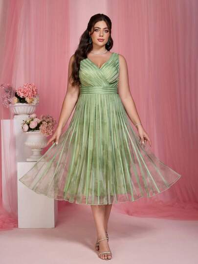 V-Neck Sleeveless Printed Mesh Overlay High-Low Hem Formal Dress, Green