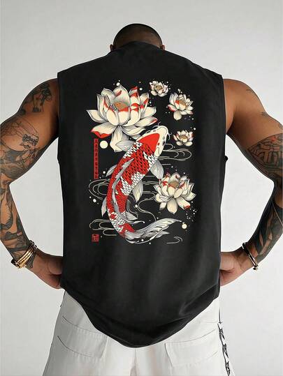 YUNCHIC 男士黑色背心，休闲百搭，适合夏季穿着，饰有中国锦鲤图案，简约ins风，轻松驾驭健身房和街头造型，可与撞色单品搭配。