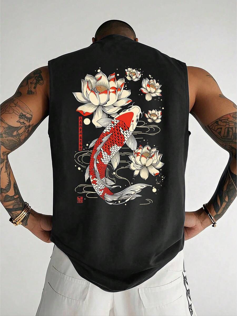 Áo tank top nam màu đen YUNCHIC, phong cách thường ngày và đa năng, phù hợp cho mùa hè, họa tiết cá chép Trung Quốc, phong cách tối giản kiểu , dễ dàng chuyển đổi từ phòng tập đến đường phố, có thể phối hợp với các trang phục tương phản. - màu đen - Xem 1