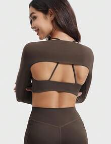 Women Crop Top Long Sleeve Bolero Open Front Workout Cropped Shirts Sports Shrug - Brown - View 5