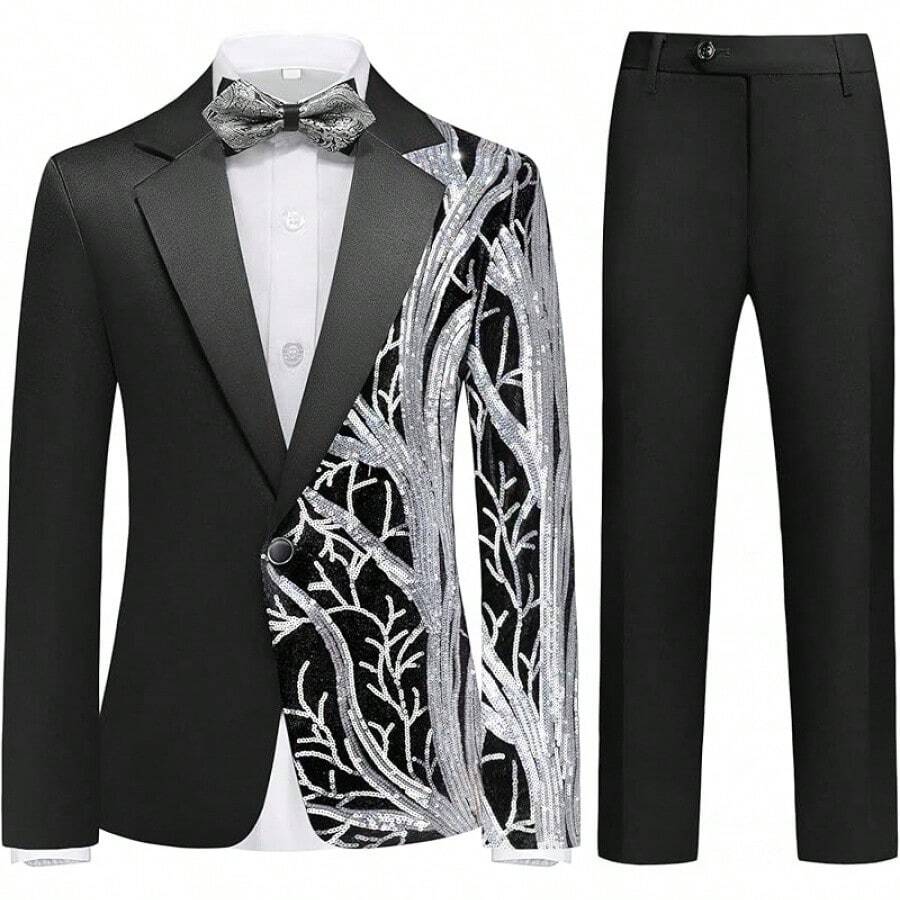 Boys' Formal Tuxedo Suit Set - 2 Piece Sequin Blazer & Satin Pants (4-16Y) - 銀色 - 查看 1