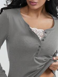 Women Teen Girls Clothes Lace Stitching V-Neck Fairy Crop Tops Y2K Long Sleeve Tight Shirt Spring Fall Downtown Girl Coquette Clothing Tops For Girls - 灰色 - 查看 4