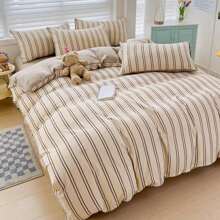 4 件套简约条纹印花羽绒被套装（1 个羽绒被套、1 个床单、2 个枕套、无填充物），简约卧室床上用品套装，可水洗，万圣节礼物 - 彩色 - 查看 10