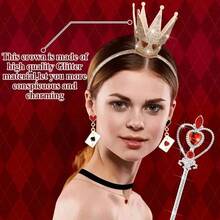 4 件套女王风格服装配饰套装，包括塑料皇冠、头带、项链、心形权杖和耳环 - 20 世纪 20 年代舞会服装道具，适合角色扮演和化妆舞会万圣节 - 彩色 - 查看 3