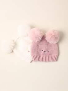 2 pezzi Cappellino neonato/bambino con doppia pallina, occhi chiusi e viso sorridente ricamato, berretto in maglia per neonati, bambini piccoli, inverno caldo cappello in maglia per bimbi e bimbe - Multicolore - Visualizzare 6