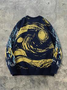 Unisex Casual Loose Fit Pullover Sweater With Abstract Van Gogh Painting Pattern, Versatile For Commuting, Autumn/Winter - Blue - View 3