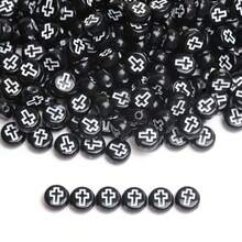 200/600Pcs 6mm Square/7mm Flat Round Acrylic Beads Cross Pattern Beads Loose Spacer Beads For Jewelry Making DIY Bracelets Accessories - Nền đen với chữ trắng/Oblate - Xem 6