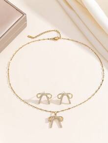 1 Set Stainless Steel Chain Bow Pendant Cubic Zirconia Necklace & Earrings Set For Women, Versatile Luxury Personalized Banquet Jewelry Gift, No Gift Box - Gold - View 4