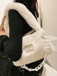 纯色毛绒单肩包，链条装饰，时尚风格 - 彩色 - 查看 4