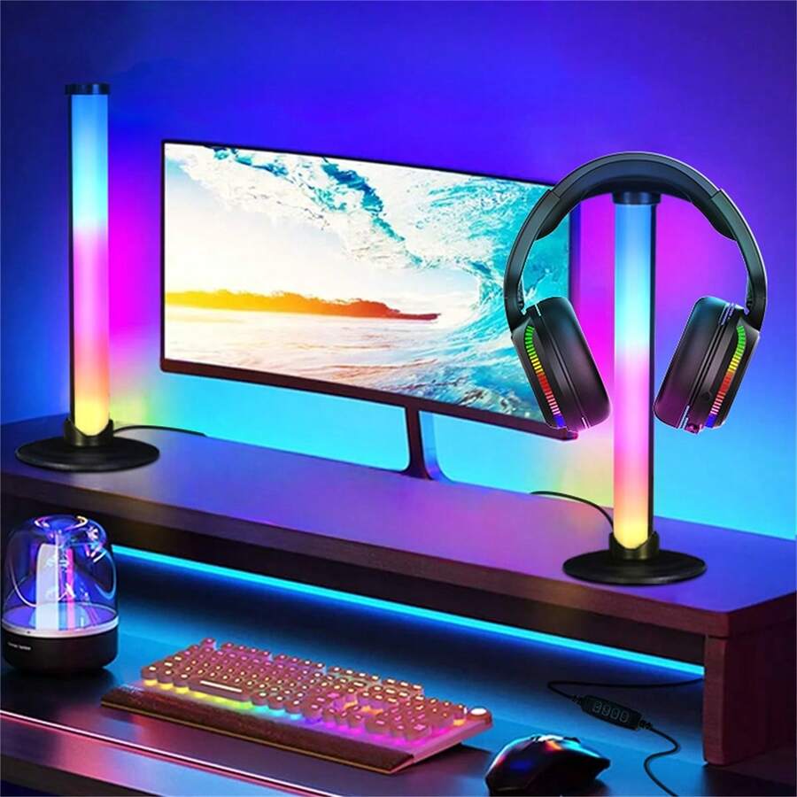 1/2 Giá đỡ tai nghe LED dùng nguồn USB với đèn LED chuyển màu rực rỡ - Đèn bàn Acrylic bóng bẩy dành cho người đam mê chơi game và âm thanh, đèn nền nhiều màu sắc cho tai nghe, bàn phím và màn hình (có giá đỡ tai nghe, không bao gồm tai nghe) - màu đen - Xem 1