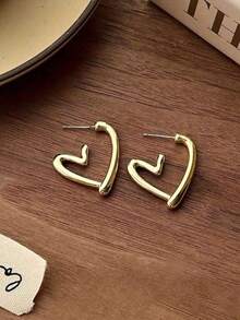 1 Pair Heart Shaped Hoop Earrings, High-End Earring Jewelry Gift For Valentine's Day, Women Everyday Wear - 金色 - 查看 2