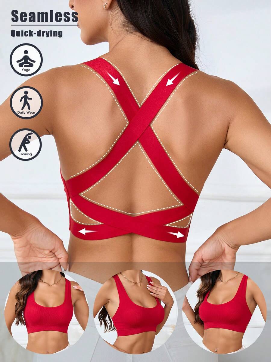 1 czerwony bezszwowy, żebrowany biustonosz sportowy do jogi i fitnessu, z modnymi, podwójnie skrzyżowanymi ramiączkami w kształcie litery X