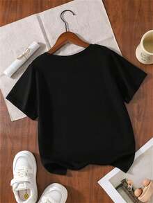 LEOPARD WITH PINK SUNGLASSES Printing Cotton T-Shirt Casual Fashionable Round Neck Basic Base Short Sleeved Kid T-Shirt - màu đen - Xem 3