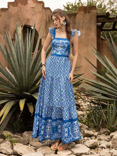 Faeriesty Vestido de línea A con cuello cuadrado y mangas con volantes de BohoBloom - Elegantemente chic para paseos por la playa, recados en la ciudad, escapadas de fin de semana, almuerzos en cafeterías y días de mercado de verano