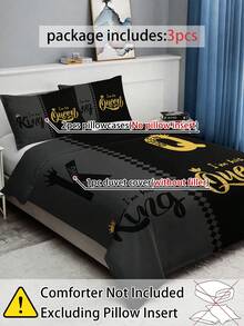 3pcs Bedding Set (1 Duvet Cover And 2 Pillowcases, Core And Pillow Not Included), Home Or Dorm, High Definition Printed Grey & Black Crown & Letter Pattern - Multicolor - View 2