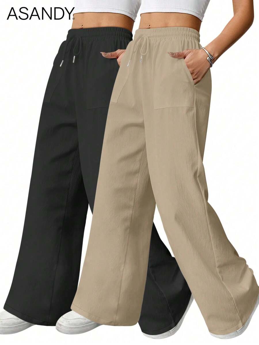 2pcs/Set Casual Loose Straight Leg Pants, Drawstring Waist Wide Leg Trousers, Solid Color Summer - Khaki+Black - View 1
