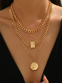 1pc Minimalist Turquoise Thick Carved Portrait Decor Hammer Texture Pattern Creative Thick Jewelry Gold Silver Dual-Tone Chain Handmade Strap Pattern Necklace Pendant Necklace Classic Jewelry Luxury Girl Accessory Party Gift For Friend